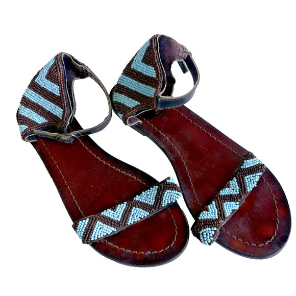 sz 8 Womens Sandals Turquoise Brown Beaded Leather Ankle Strap By Roper - Picture 1 of 5